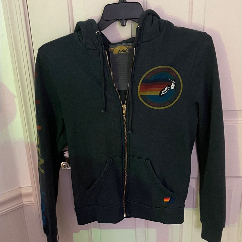 Aviator Nation Heather Grey Hoodie with Rainbow Details